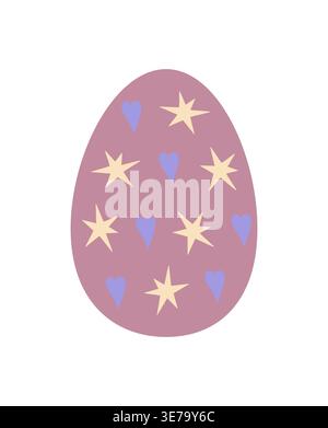Easter egg decorated with hearts, stars holiday symbol, colorful flat style hand drawn vector illustration for springtime celebration decor, greeting cards, invitations, banners, web design Stock Vector