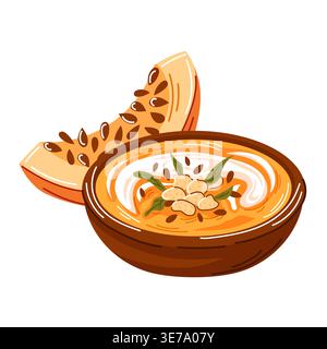 Bowl of creamy pumpkin soup with slices of nutmeg and cream, a delicious autumn meal. Pumpkin food in cartoon style. Stock Vector
