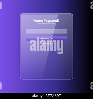 Elegant forgot password user interface with email input field and reset link button. Designed using modern glassmorphism style with purple gradient ba Stock Vector