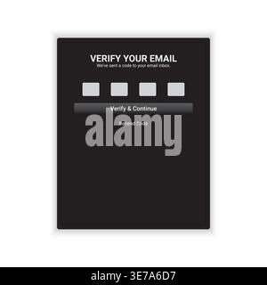 Modern dark mode email verification interface featuring one-time password (OTP) input fields and verification button. Clean and user-friendly authenti Stock Vector
