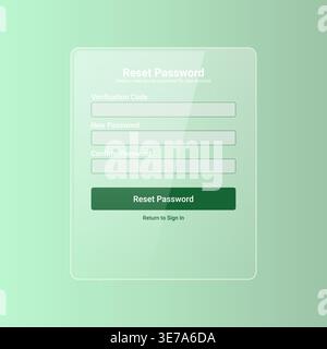 Modern reset password user interface featuring verification code input, new password and confirm password fields. Designed with soft green gradient an Stock Vector