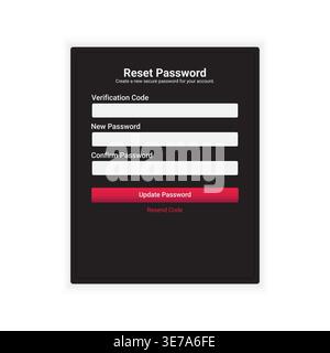 Modern dark mode reset password user interface featuring verification code input, new password and confirm password fields, and a bold call-to-action Stock Vector