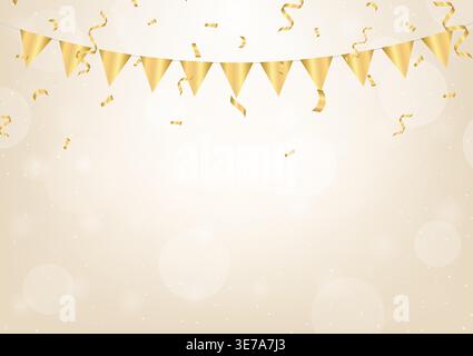 Golden Luxury Bokeh Background with Party Flag and Confetti. Party Background for Party, Birthday, Celebration or Anniversary. Vector Illustration on Stock Vector