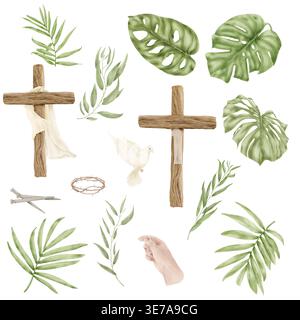 A wooden cross and palm leaves, a shroud and a white dove. watercolor illustration. The set is hand-drawn and isolated against the background. The con Stock Photo