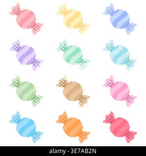 Cute pixel candy vector set with 12 pastel colors. Sweet retro pixel art candy collection perfect for games, icons, stickers, UI design, and playful c Stock Vector