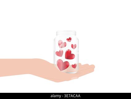 Hand Holding Heart Jar. Concept of Love, Donation or Valentine's Day. Vector Illustration. Stock Vector