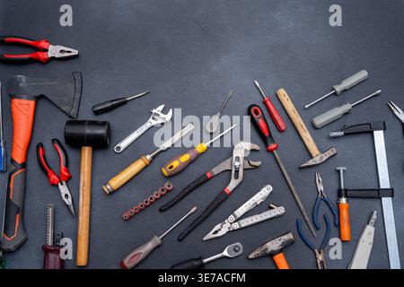 Hand work Tools instrument set top view Background. Stock Photo