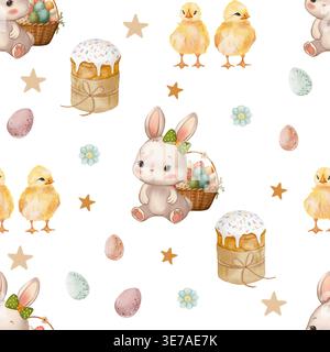 A seamless pattern featuring a cute watercolor rabbit, chicks, Easter eggs, and a kulich. Perfect for festive textiles, wrapping paper, and greeting c Stock Photo