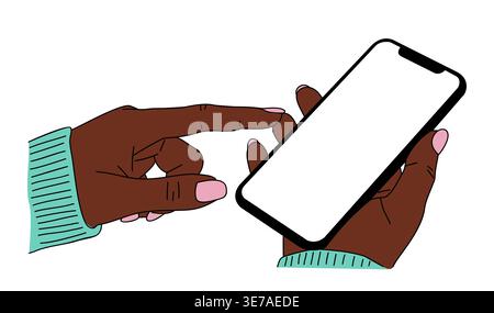 Hands hold smartphone and fingers tapping screen Stock Vector