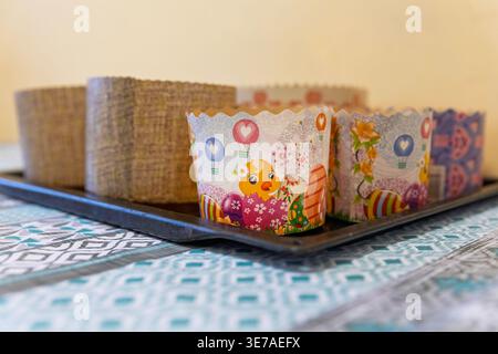 Easter Paska Dough in Paper Baking Molds Before Baking Stock Photo