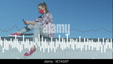 Woman wearing red mask and plaid shirt using phone on concrete ledge, with skateboard and overlays Stock Photo