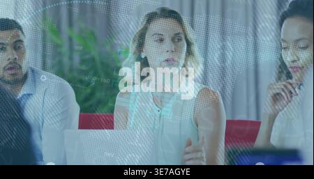 Center female speaker using laptop, projecting dotted map for business, team listening on red bench Stock Photo