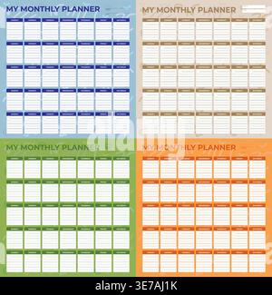 Four Colorful Monthly Planner Templates – Printable Calendar Organizer Layout - Vector Design - Diverse Colors Stock Vector
