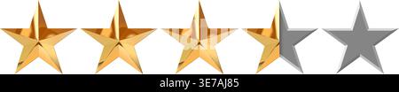 3D vector row of rating stars. Shiny objects with reflections, made of gold Stock Vector