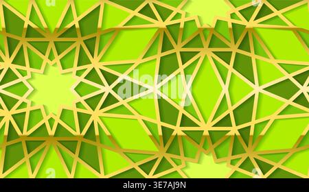 Green and gold islamic geometric star pattern background with 3d layered arabesque shapes Stock Vector
