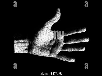 Monochrome open hand palm facing viewer in vintage dotwork stipple vector on dark background Stock Vector