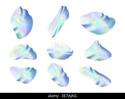 Vibrant colored vaporwave styled abstract twisted ball shapes set, with holographic texture. Y2K hologram abstraction Stock Vector