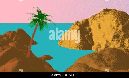 Beach or tropical coast landscape with palm tree and mountains over sea in retro dotwork style Stock Vector