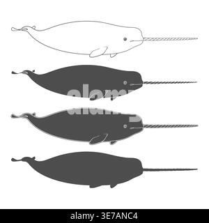 Set of black and white illustrations animal narwhal, sea unicorn. Isolated vector objects on white background. Stock Vector