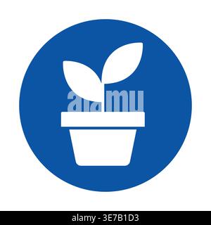 This image features a simple and modern icon of a potted plant with two leaves, set against a vibrant blue background. Ideal for nature-themed designs Stock Vector