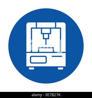 This illustration features a modern 3D printer icon set against a blue circle, ideal for technology and innovation themes in design projects and prese Stock Vector