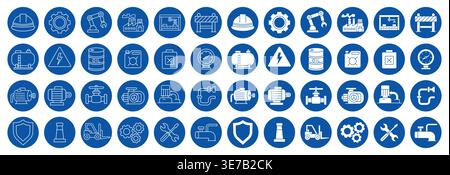 A collection of blue circular icons representing various engineering and construction elements, showcasing tools, safety gear, and machinery, ideal fo Stock Vector
