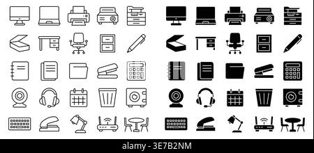 This collection features minimalist black and white icons representing various office equipment. Perfect for design projects, websites, or presentatio Stock Vector
