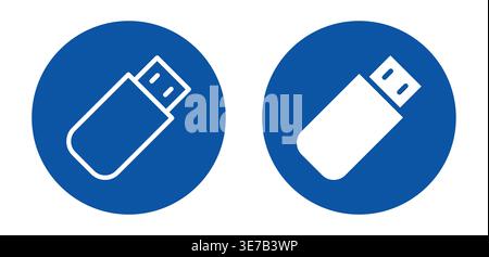 Two USB flash drive icons are presented in circular blue backgrounds showcasing their sleek design. Ideal for technology-related themes and digital st Stock Vector
