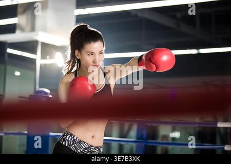 Serious Chinese female boxer wearing boxing gloves throwing punches while practicing in boxing ring Stock Photo