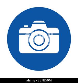 This blue circle graphic features a white camera icon, perfect for representing photography themes and visual content creation in various projects. Stock Vector