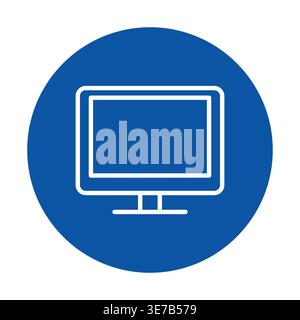 This graphic features a computer monitor icon on a blue circular background, ideal for technology-related design projects, websites, and marketing mat Stock Vector