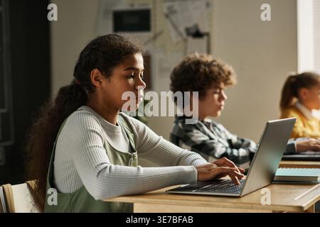 Diverse group of students working on laptop in computer lab during daytime Stock Photo
