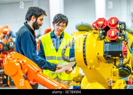 Asian man in green safety vest checking robotics arm with caucasian male colleague in production area in factory Stock Photo