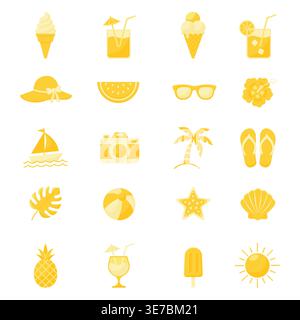 Butter yellow summer beach icon set isolated on white background vector illustration. Stock Vector
