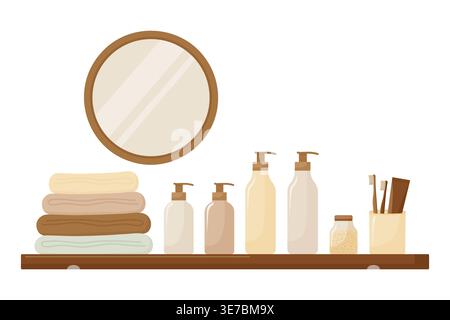 Bathroom shelf with organic skincare cosmetic bottles on white background vector illustration. Stock Vector
