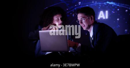 Ai and Business. Team collaborating with futuristic AI workspace illuminated by digital brain and neural network visuals. Ideal for artificial intelli Stock Photo