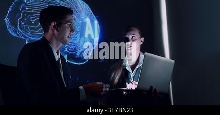 Ai and Business. Team collaborating with futuristic AI workspace illuminated by digital brain and neural network visuals. Ideal for artificial intelli Stock Photo