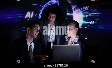 Ai and Business. Team collaborating with futuristic AI workspace illuminated by digital brain and neural network visuals. Ideal for artificial intelli Stock Photo