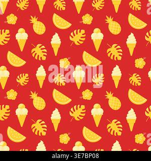 Summer seamless pattern with butter yellow ice cream watermelon and monstera leaves on red vector illustration. Stock Vector