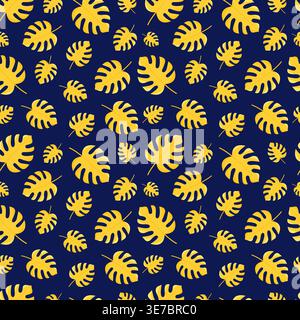 Tropical monstera leaves seamless pattern with yellow foliage on dark blue vector illustration. Stock Vector