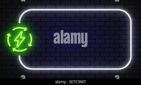 Neon renewable energy symbol with lightning and circular arrows. Bright green electric icon inside glowing frame on dark brick wall background Stock Vector