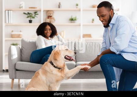 Smiling Black man with beard playing with his dog while kneeling on fur carpet in living room at home Stock Photo