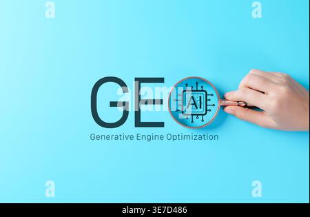 GEO Generative Engine Optimization concept. Hand holding magnifying glass over AI search text, symbolizing content visibility, machine-driven Stock Photo