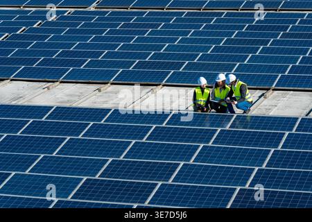 Diverse group of engineers wearing hard hats and safety vests discussing data on tablet while crouching and working on large solar panel installati... Stock Photo