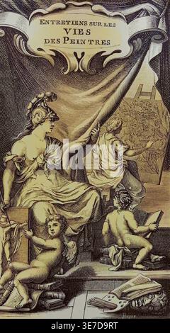 "Entretiens sur les vies et sur les ouvrages des plus excellens peintres anciens et modernes" (Conversations on the lives and works of the most excellent ancient and modern painters), by French architect André Félibien (1619-1695). The work was published in several volumes between 1666 and 1688. Engraving by Huyot based on a frontispiece. Edition of 1725. Trévoux, Imprimerie de S.A.S. Colorised. Stock Photo