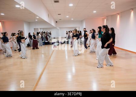 Group of dancers training hip hop choreography in studio Stock Photo
