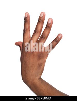 Hand of Black man with open hand against white background in studio Stock Photo