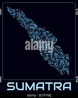 Sumatra digital style map. Small circle dots on dark background. Dotted shape of the island. Sumatra map and title. Modern vector illustration. Stock Vector