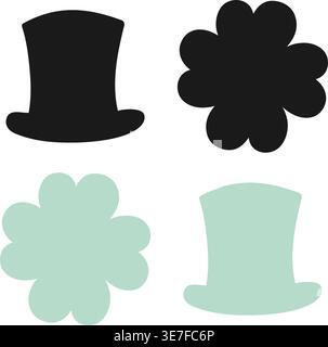 Dark and Green Silhouettes Quatrefoil and Leprechaun Hat St Patrick Day Minimal Flat Design Elements. Isolated Vector illustration Sticker Icon Print Materials Promo Banners, leaflets, media content Stock Vector