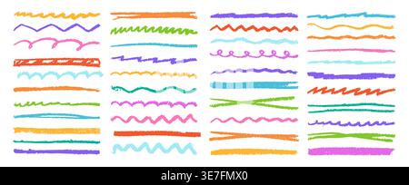Chalk and crayon highlight set with hand drawn scribbles, zigzags, underlines brush strokes. Rough doodle lines, charcoal marks and sketch textures create playful emphasis elements note handwritten Stock Vector